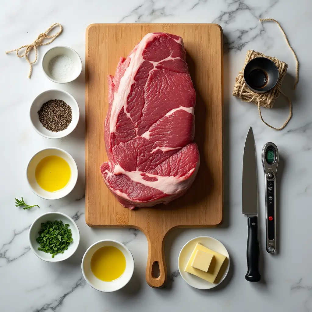 Flat lay of fresh ingredients for beef fillet and béarnaise sauce, including raw tenderloin, egg yolks, herbs, butter, and kitchen tools.