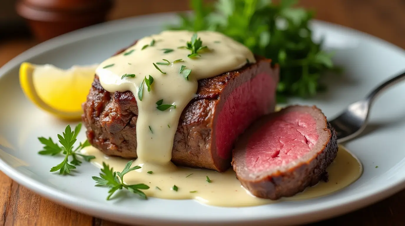 Juicy beef fillet with silky béarnaise sauce on white plate, garnished with herbs, restaurant-style presentation.