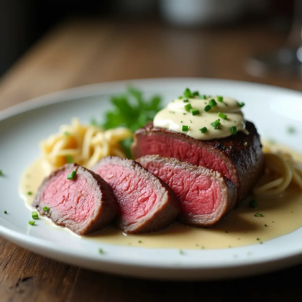 Medium-rare beef fillet sliced to show juicy interior, topped with béarnaise sauce and fresh herbs on a white plate.