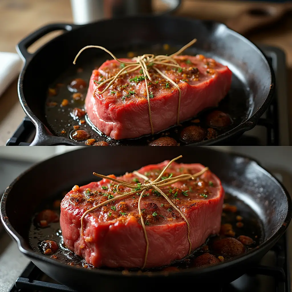 Beef fillet wrapped with kitchen twine, searing to a golden-brown crust in a hot cast iron skillet.