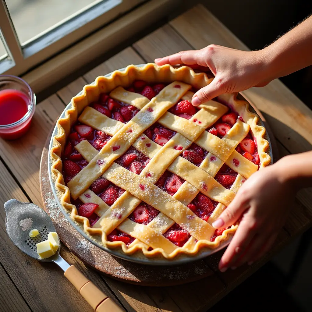 Realistic strawberry rhubarb pie being assembled with lattice crust, egg wash, and sugar on rustic table.