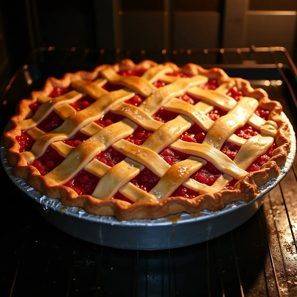 Realistic strawberry rhubarb pie with golden lattice crust bubbling in oven on baking sheet.
