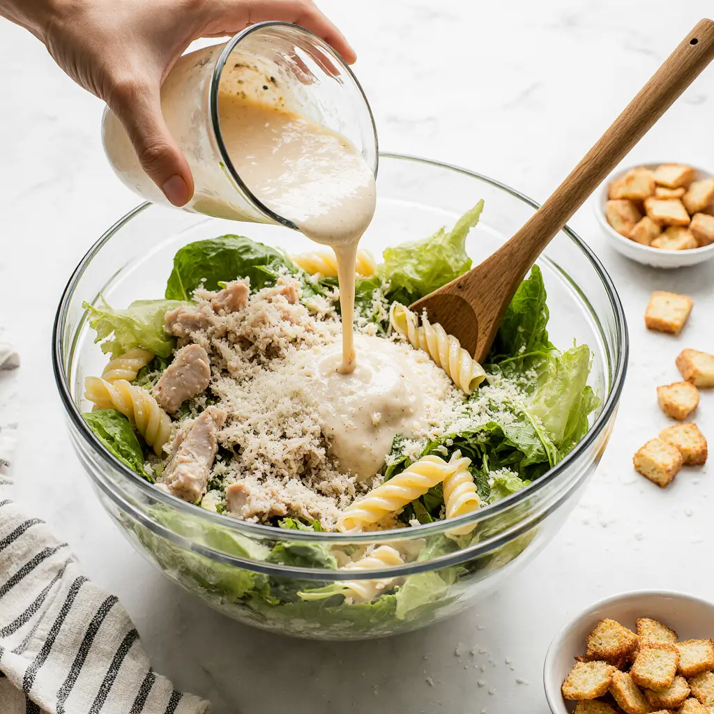 Large glass bowl with penne pasta, chopped romaine lettuce, shredded chicken, and creamy Caesar dressing being mixed together.