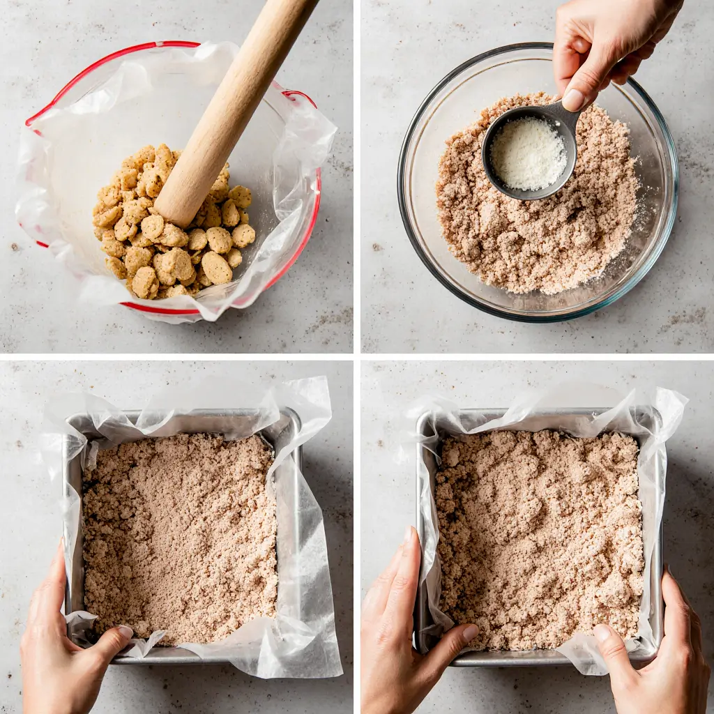 Hands crushing shortbread cookies with a rolling pin, mixing crumbs with melted butter, and pressing the crust mixture firmly into a parchment-lined baking pan.