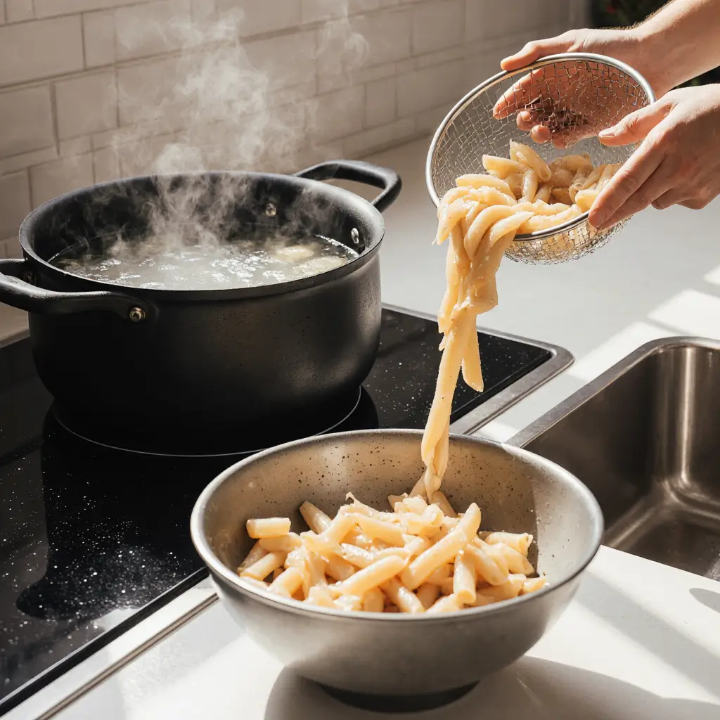 Penne pasta boiling in a pot and being rinsed in a colander, fresh and ready for cooking.