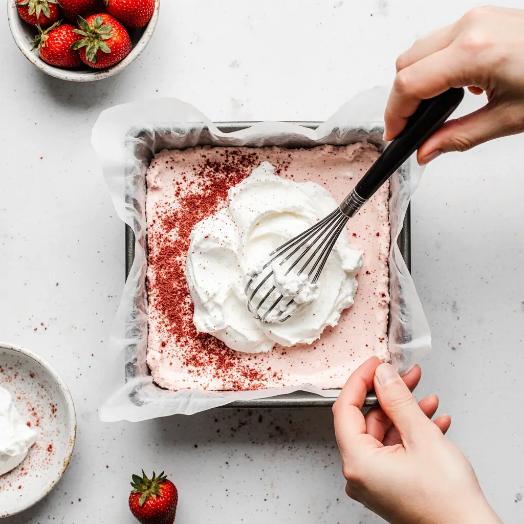 Whipped cream being spread evenly over the strawberry cheesecake layer, topped with a dusting of freeze-dried strawberry powder in a parchment-lined baking pan.