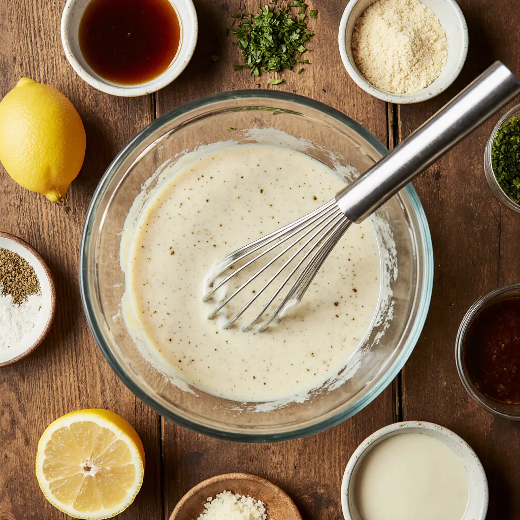 Creamy homemade Caesar dressing ingredients being whisked in a bowl on a wooden countertop.