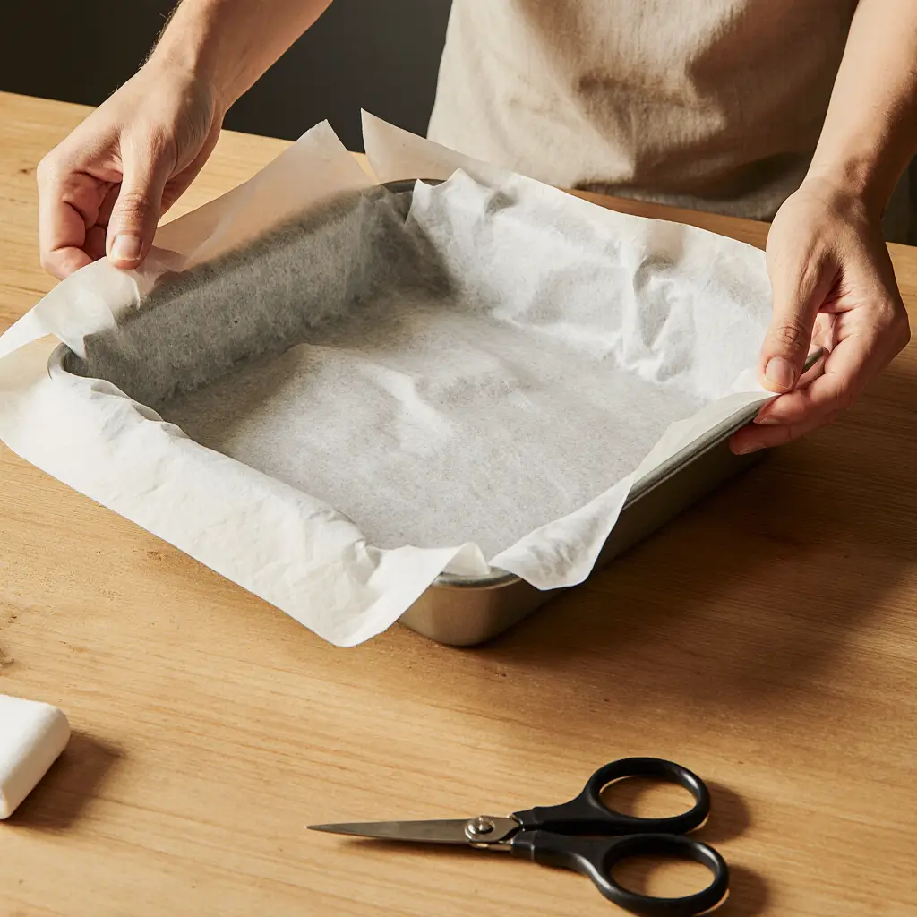An 8x8-inch baking pan being lined with parchment paper with 2-inch overhang on all sides, ready for easy dessert removal.