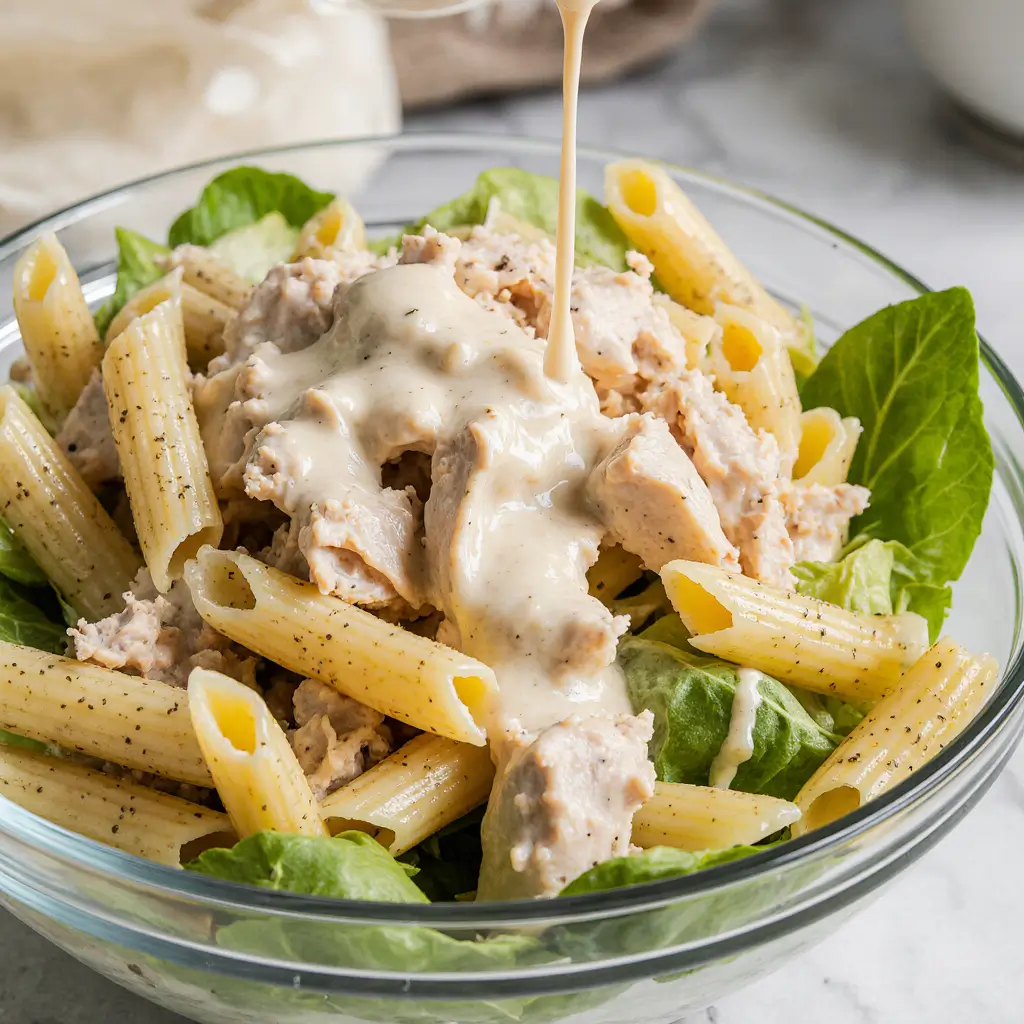 Fresh close-up of Easy Chicken Caesar Pasta Salad with penne pasta, shredded chicken, romaine lettuce, and creamy Caesar dressing.