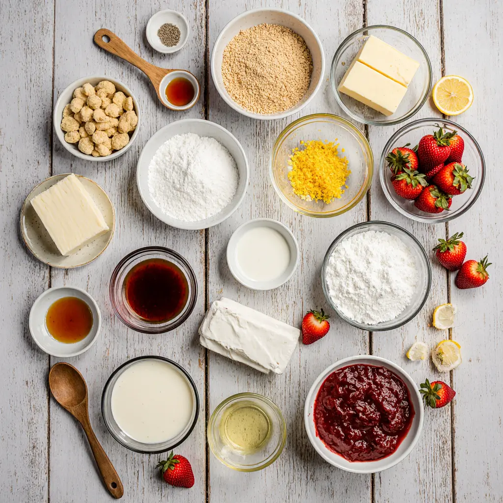 Flat lay of ingredients for Easy No-Bake Strawberry-Lemon Dream Bars, including crushed shortbread cookies, cream cheese, lemon zest, lemon juice, powdered sugar, strawberry preserves, freeze-dried strawberry powder, whipped topping, and vanilla extract on a rustic wooden table.