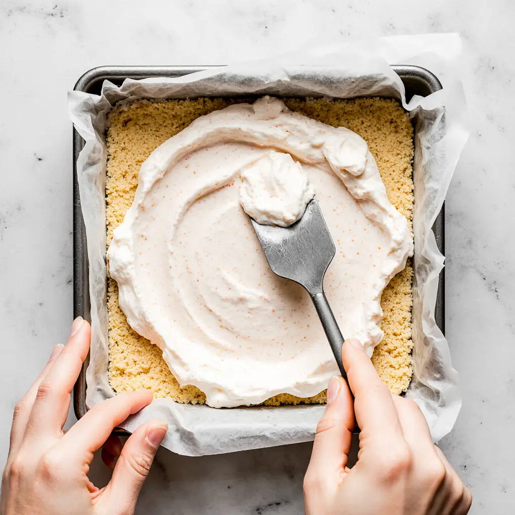Lemon cheesecake mixture being folded with whipped topping and spread evenly over a crust in a parchment-lined baking pan with an offset spatula.