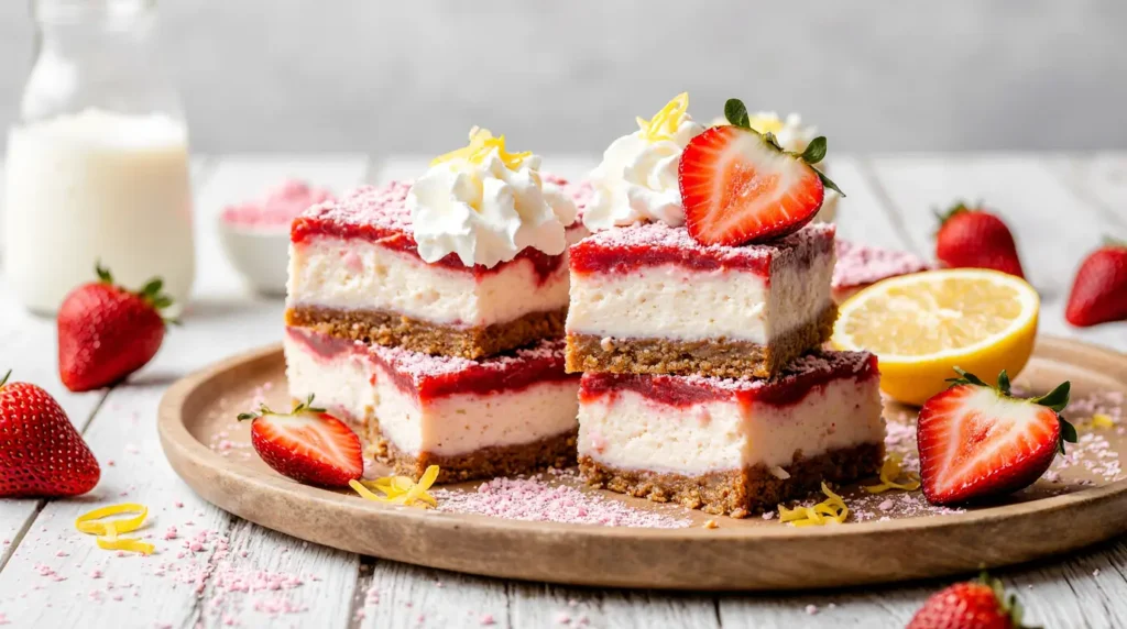 Easy No-Bake Strawberry-Lemon Dream Bars with creamy layers, whipped cream topping, fresh strawberries, and lemon zest on a rustic wooden table.