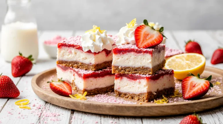 Easy No-Bake Strawberry-Lemon Dream Bars with creamy layers, whipped cream topping, fresh strawberries, and lemon zest on a rustic wooden table.