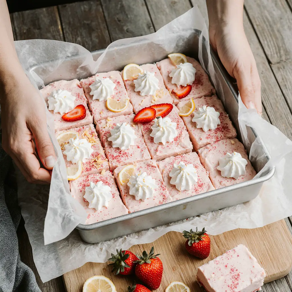 Strawberry-lemon dream bars sliced and arranged on a wooden board, topped with whipped cream and fresh strawberries.