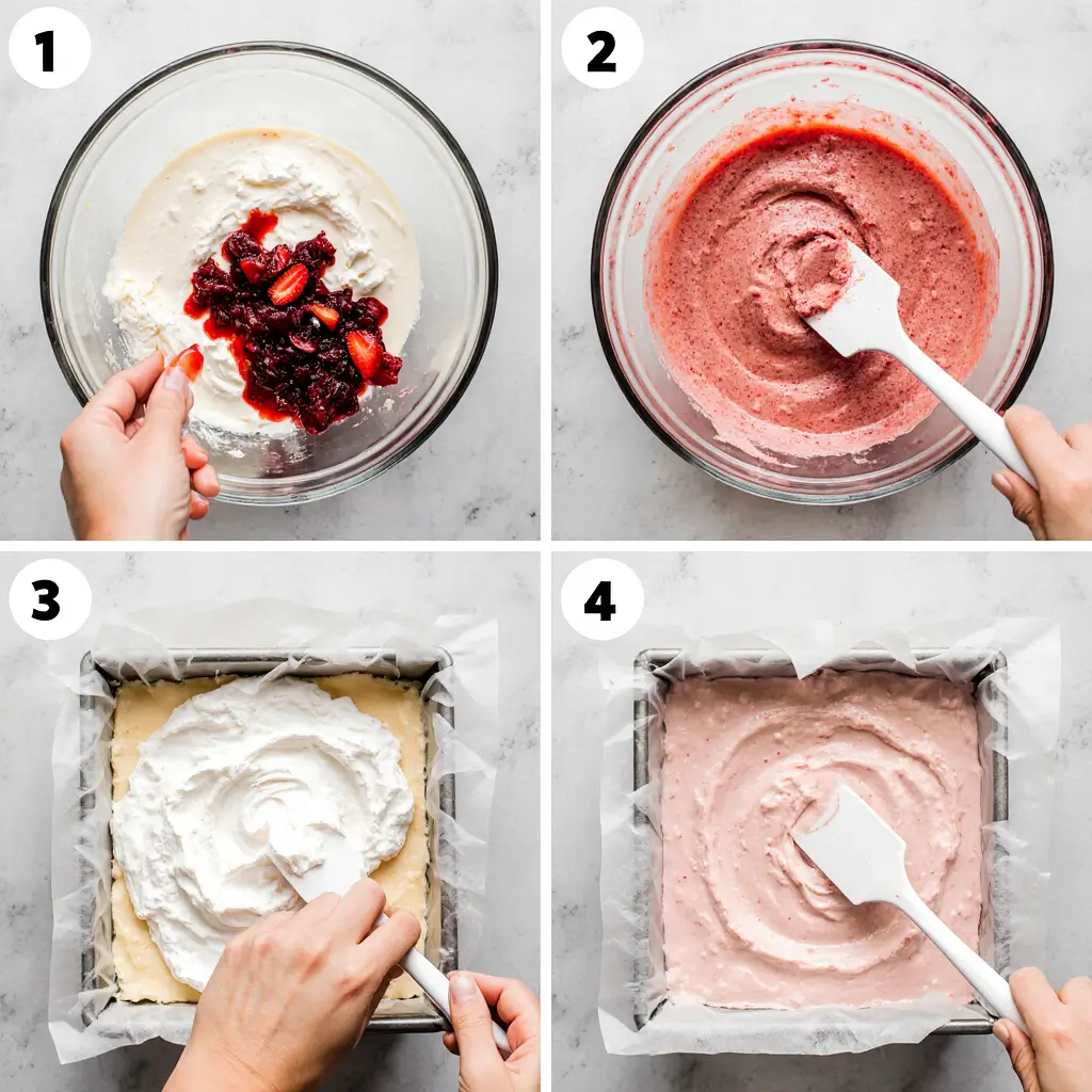 Cream cheese mixture blended with strawberry preserves and freeze-dried strawberry powder, folded with whipped topping, and gently spread as a strawberry layer over the lemon cheesecake layer in a baking pan.