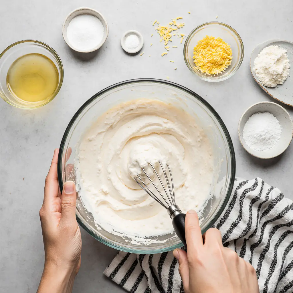 Softened cream cheese being whipped smooth and fluffy in a large bowl with lemon zest, lemon juice, powdered sugar, and salt nearby.