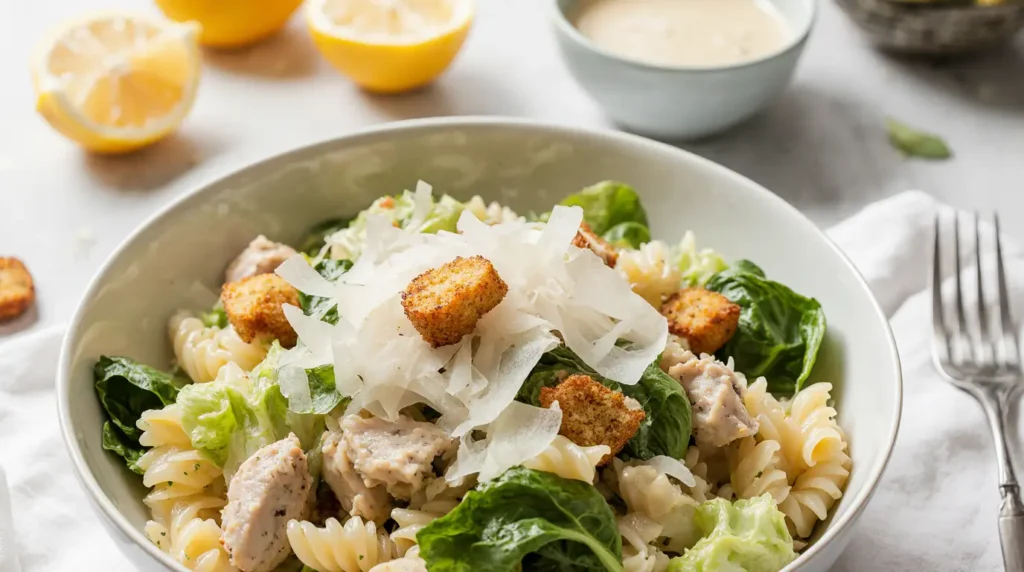 Bright and fresh bowl of Easy Chicken Caesar Pasta Salad with rotini pasta, shredded chicken, crisp romaine, Parmesan cheese, and croutons, styled on a rustic table with natural light.