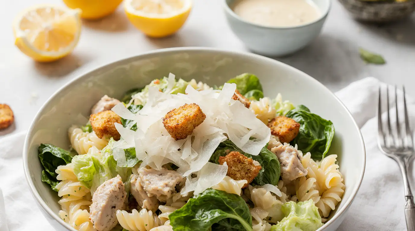 Bright and fresh bowl of Easy Chicken Caesar Pasta Salad with rotini pasta, shredded chicken, crisp romaine, Parmesan cheese, and croutons, styled on a rustic table with natural light.