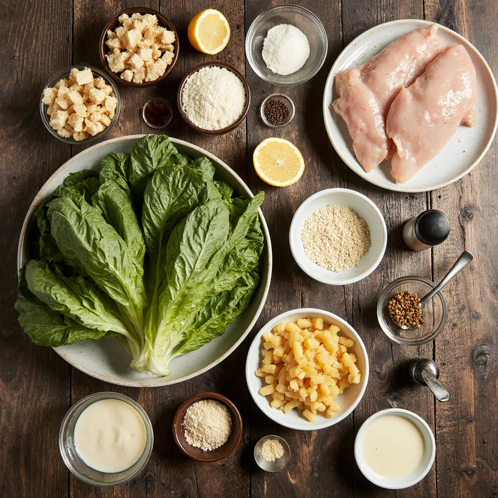 Fresh ingredients for Easy Chicken Caesar Pasta Salad arranged on a rustic wooden table with natural light.