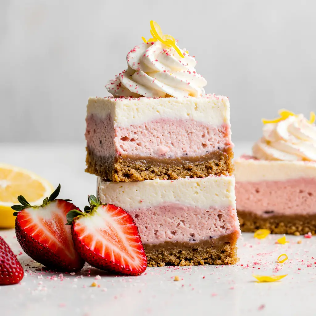 Close-up of a no-bake strawberry-lemon dream bar showing layered crust, lemon and strawberry cheesecake, whipped cream topping, garnished with fresh strawberries and lemon zest.