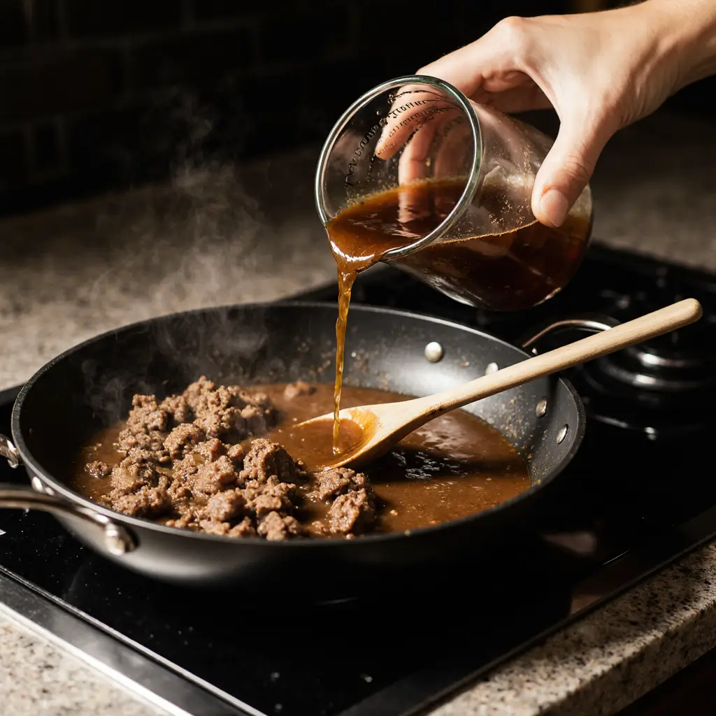 Pouring broth into ground beef gravy in skillet"