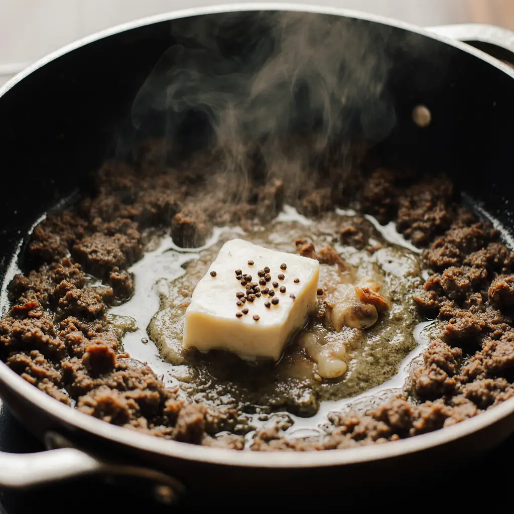 Butter melting in a skillet with garlic, dried onion, and pepper beginning to sizzle alongside browned ground beef – early step of making homemade gravy.