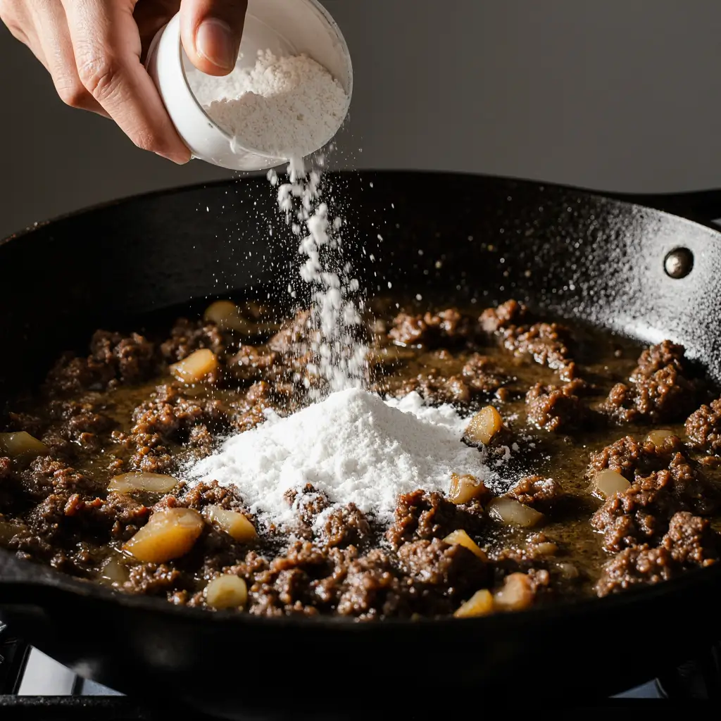 Close-up of flour being sprinkled over browned ground beef with butter, garlic, and onions in a skillet – the base for homemade gravy coming together.