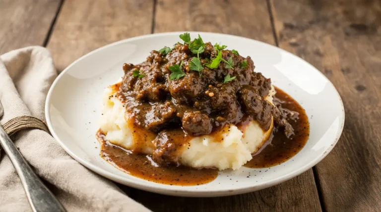 Easy ground beef and gravy served over mashed potatoes on a rustic plate with parsley garnish – cozy homemade comfort food.