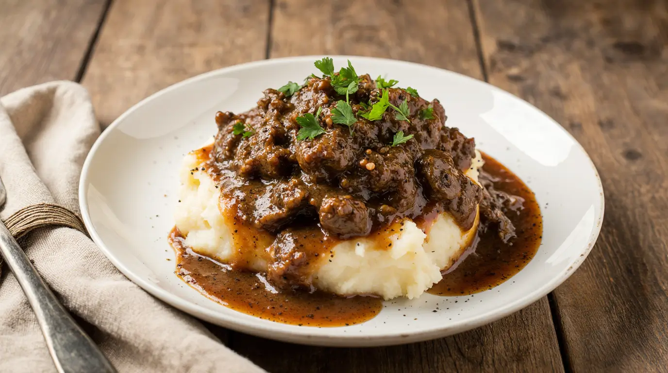 Easy ground beef and gravy served over mashed potatoes on a rustic plate with parsley garnish – cozy homemade comfort food.