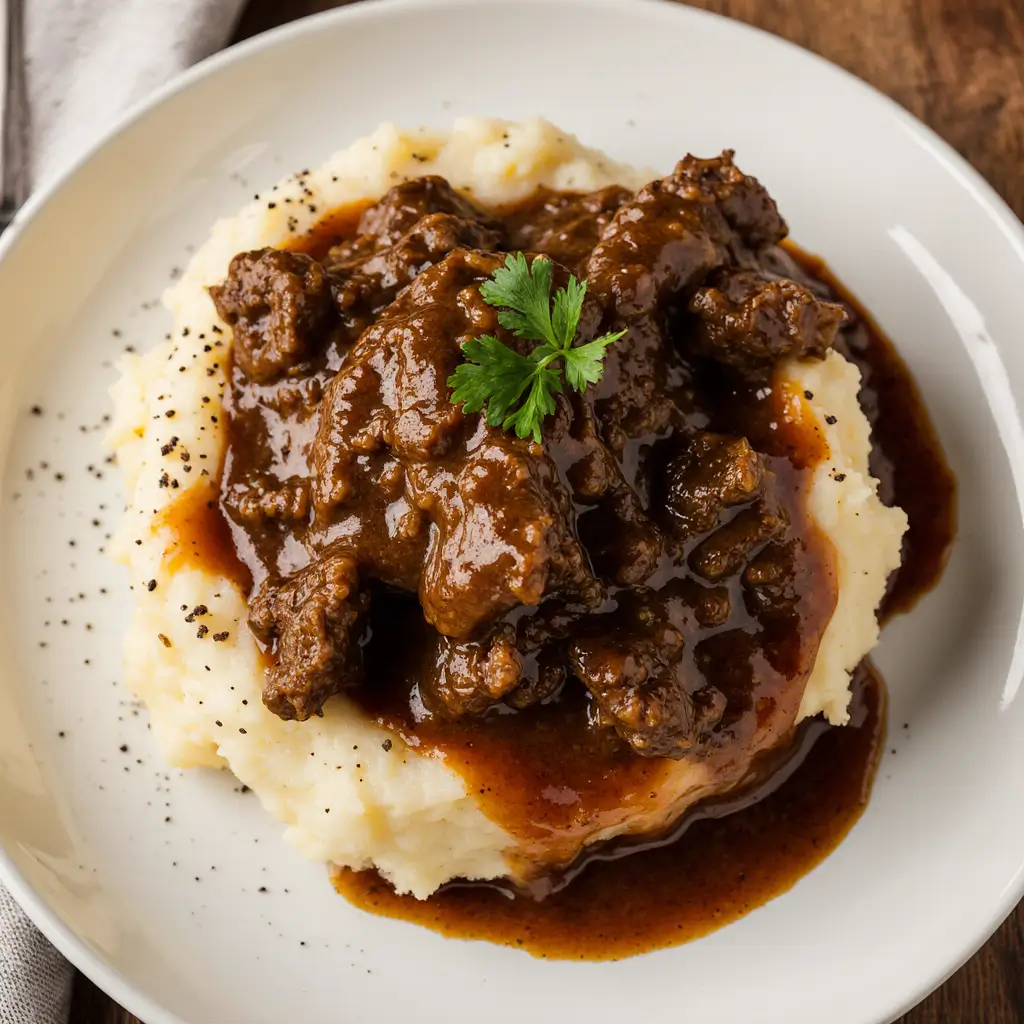 Realistic close-up of ground beef in thick brown gravy over mashed potatoes, garnished with parsley and black pepper – warm, comforting, and delicious.