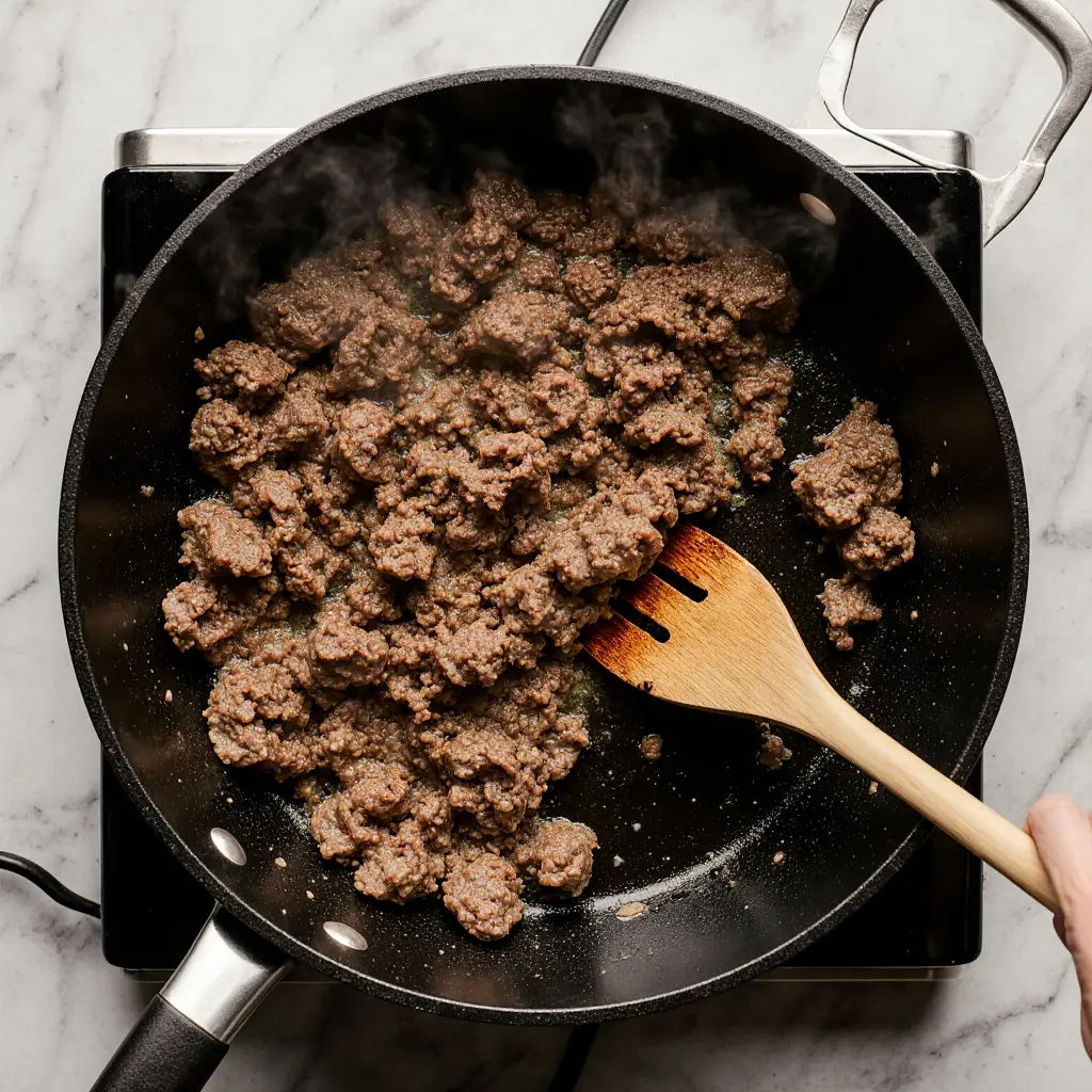 Top-down view of ground beef being browned in a skillet over medium-high heat, mid-cook with steam rising and a spatula breaking up the meat.
