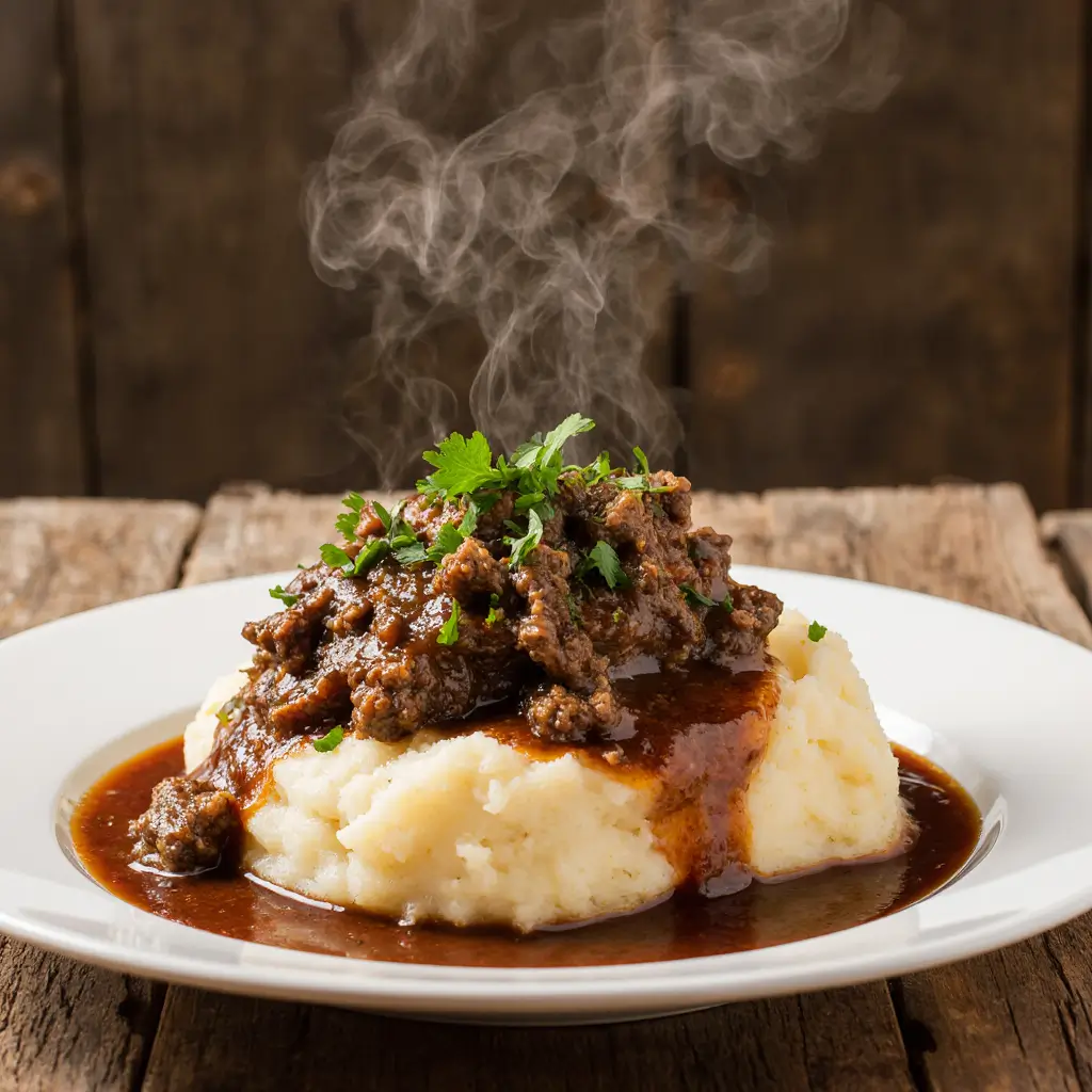 Plate of mashed potatoes topped with ground beef gravy and parsley garnish, ready to serve