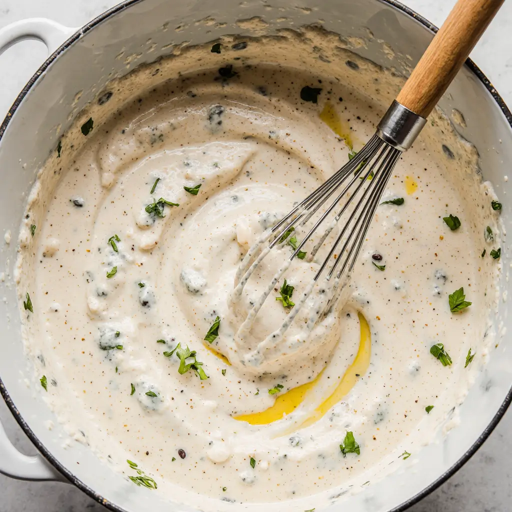 Mixing mayonnaise, Greek yogurt, Dijon mustard, lemon juice, and celery seeds to make creamy chicken salad base.