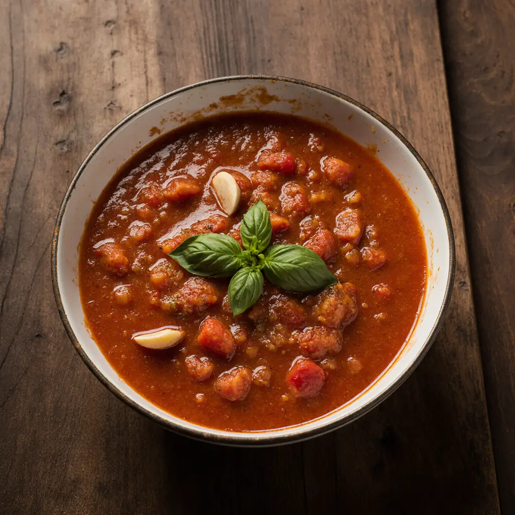 Close-up of homemade marinara sauce with fresh basil and garlic.