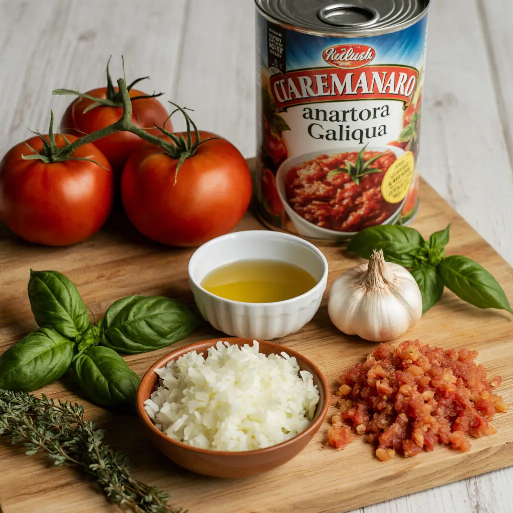 Fresh ingredients for homemade marinara sauce on a counter