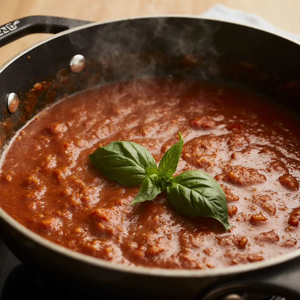 Fresh basil added to marinara sauce