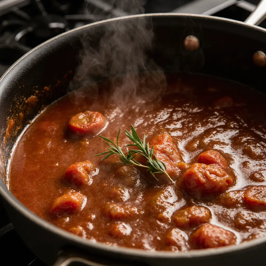 Simmering marinara sauce with thyme and tomatoes