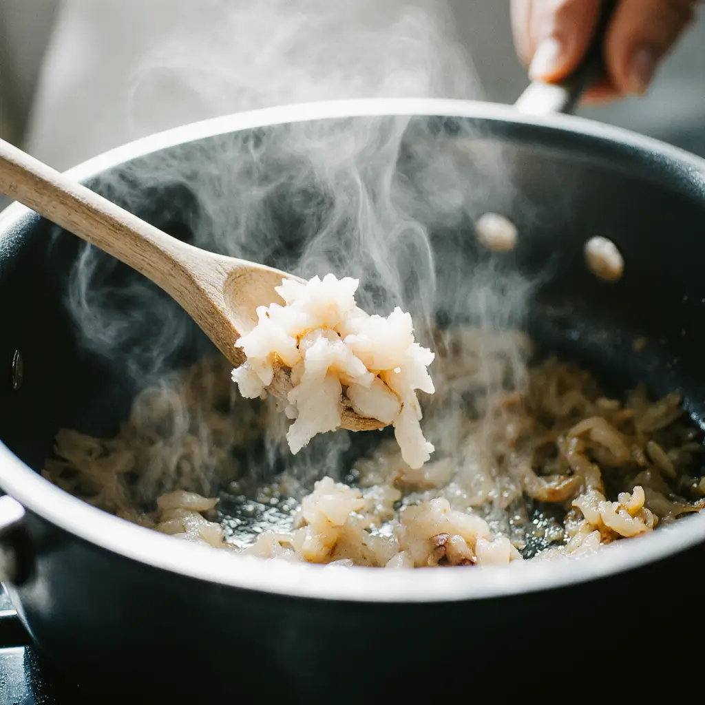 Adding garlic to sautéed onions in a pan