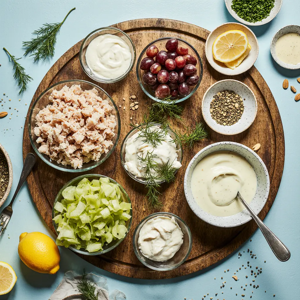 Ingredients for a chicken salad including shredded rotisserie chicken, celery, red onion, fresh dill, grapes, mayonnaise, Dijon mustard, celery seeds, nuts, pickles, and yuzu kosho arranged on a rustic board.