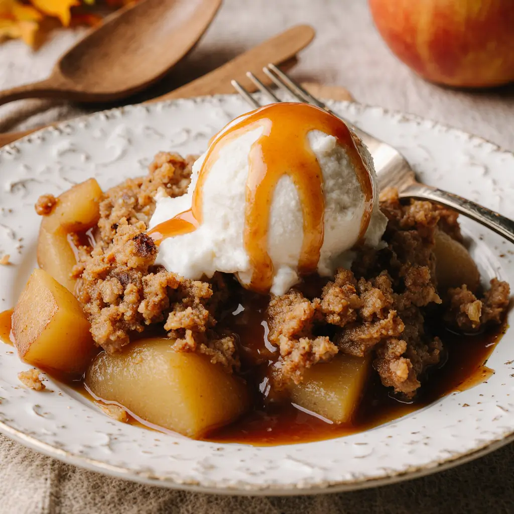 Easy Old-Fashioned Apple Crisp with golden oat topping and bubbling cinnamon-spiced apples, served with a scoop of melting vanilla ice cream and caramel drizzle, styled in a rustic autumn kitchen with warm lighting and wooden utensils.