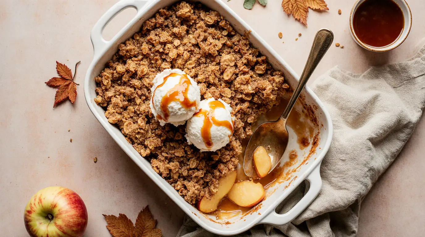 Easy Old-Fashioned Apple Crisp with golden oat topping and a scoop of vanilla ice cream, served in a rustic autumn kitchen setting