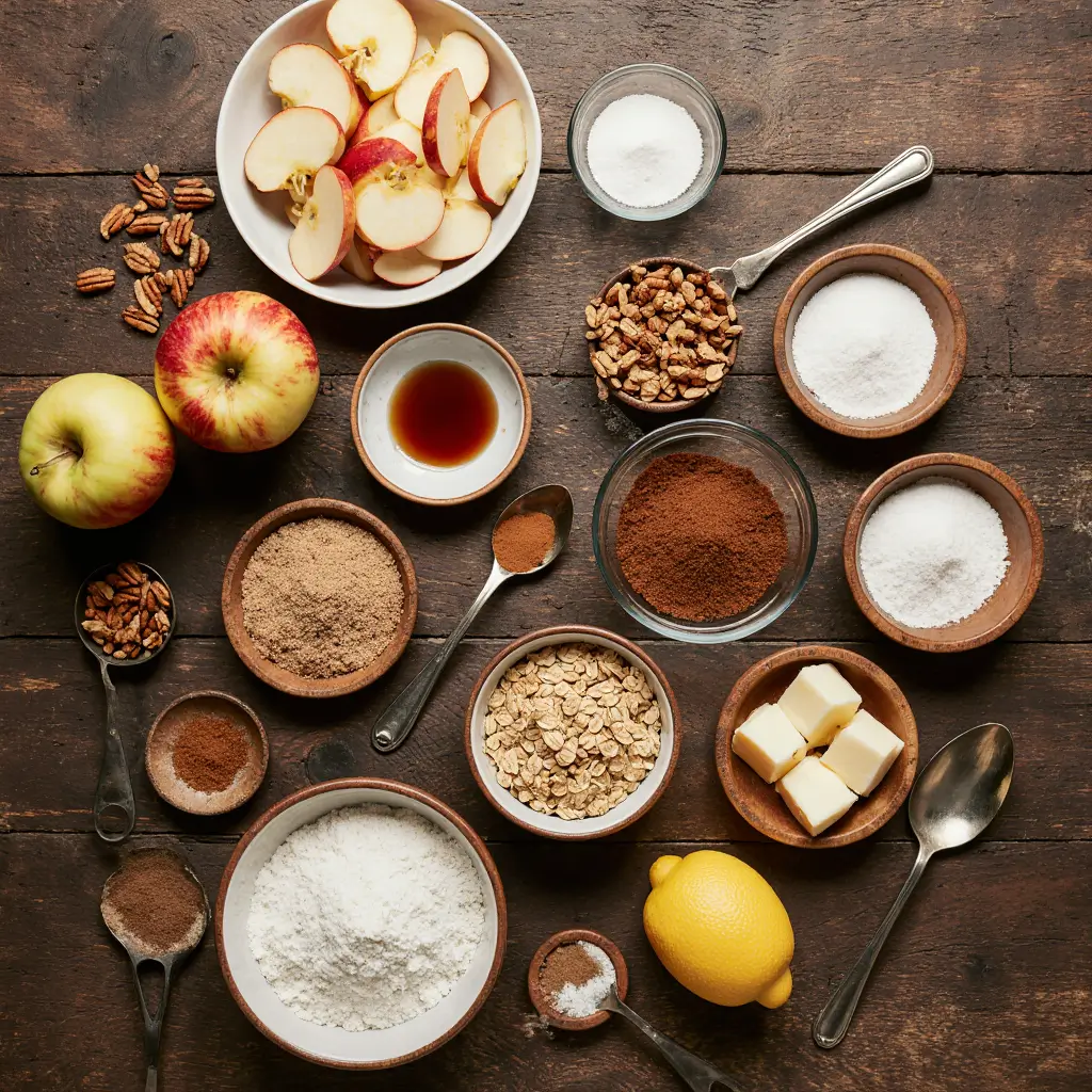 Top-down flat lay of all ingredients for Easy Old-Fashioned Apple Crisp, including sliced apples, sugar, flour, spices, oats, butter, and nuts, arranged in bowls on a wooden countertop with warm autumn lighting.