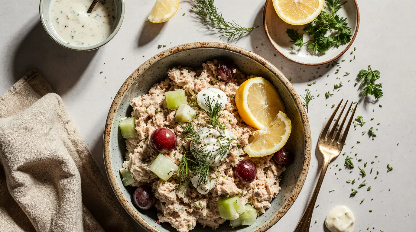 How to make a chicken salad with rotisserie chicken, grapes, celery, fresh dill, and creamy dressing – perfect for sandwiches or wraps.