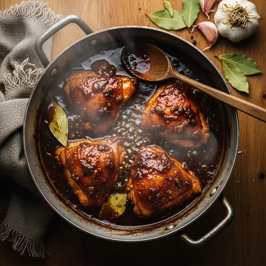 Chicken thighs simmering in glossy soy-vinegar adobo sauce until tender and glazed.