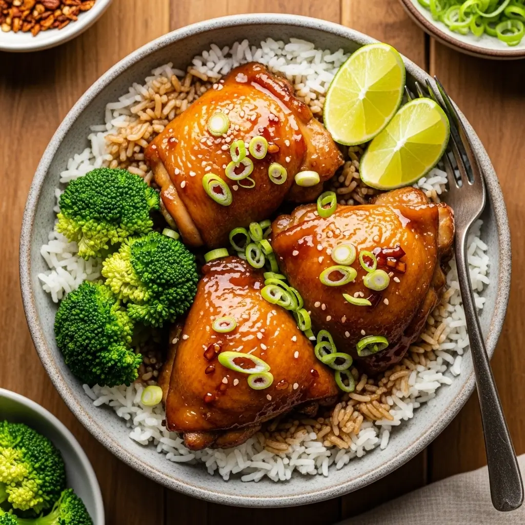 Filipino Chicken Adobo served over steamed white rice, garnished with green onions and lime wedges, ready to eat.