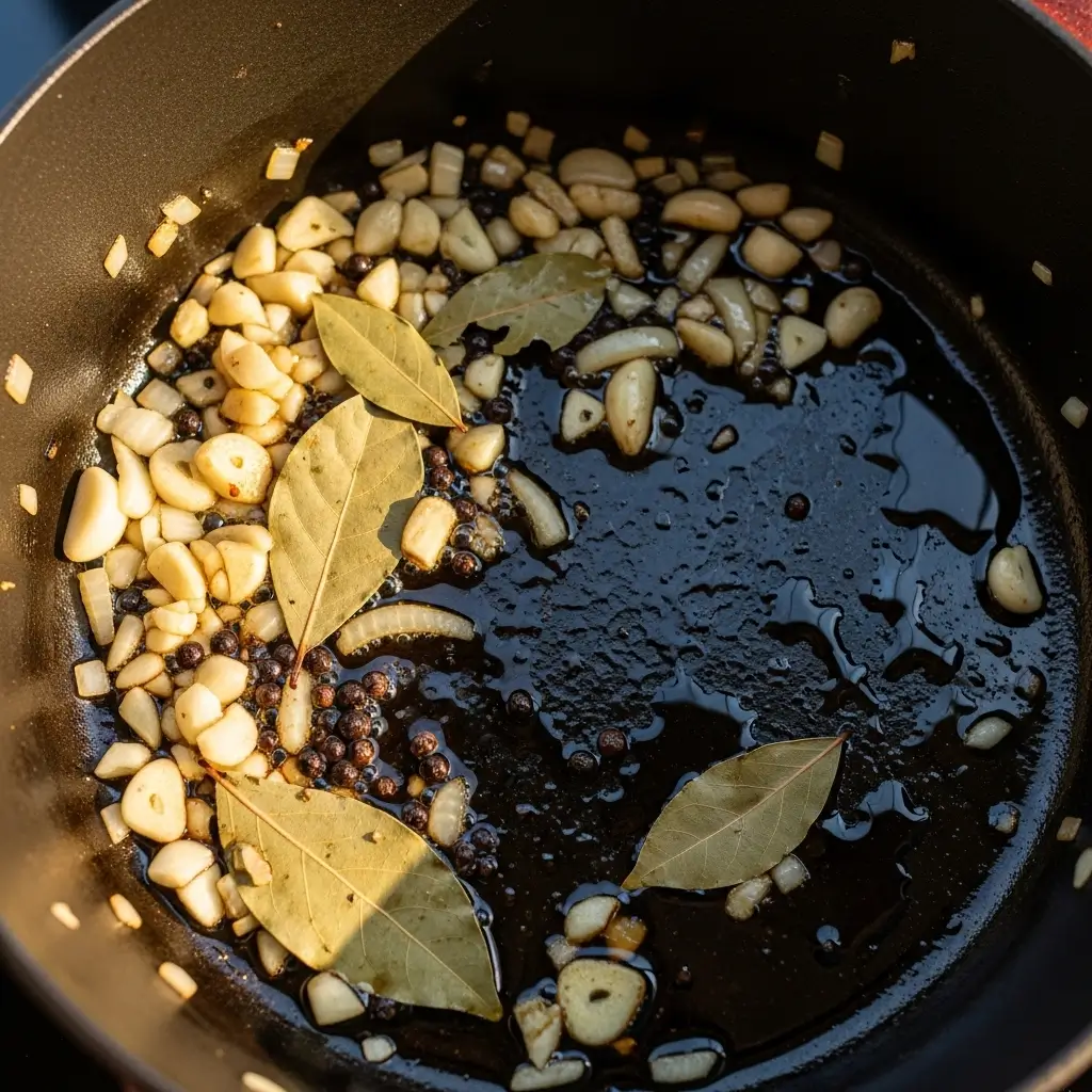 Garlic, onions, peppercorns, and bay leaves sizzling in chicken fat with soy sauce and vinegar being added.