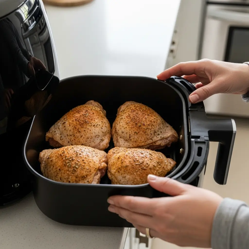 Seasoned chicken thighs arranged in an air fryer basket, ready to cook.