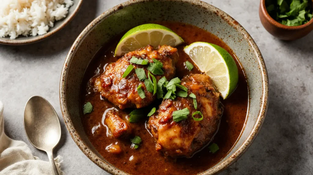 Filipino Chicken Adobo in a rustic bowl with glossy soy-vinegar glaze, garnished with green onions .