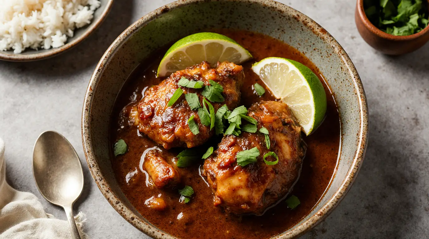 Filipino Chicken Adobo in a rustic bowl with glossy soy-vinegar glaze, garnished with green onions .