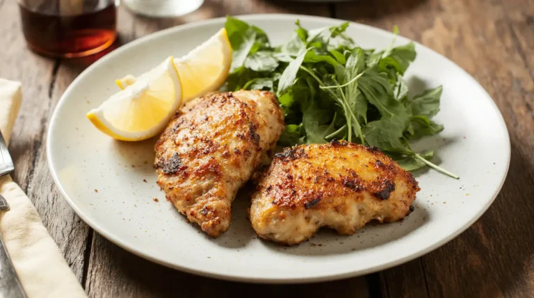 Crispy golden air fryer chicken thighs with fresh greens and lemon wedges.